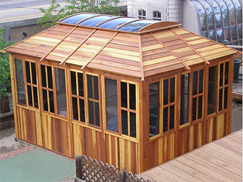 Redwood boards are used for parts of this firepit setting.